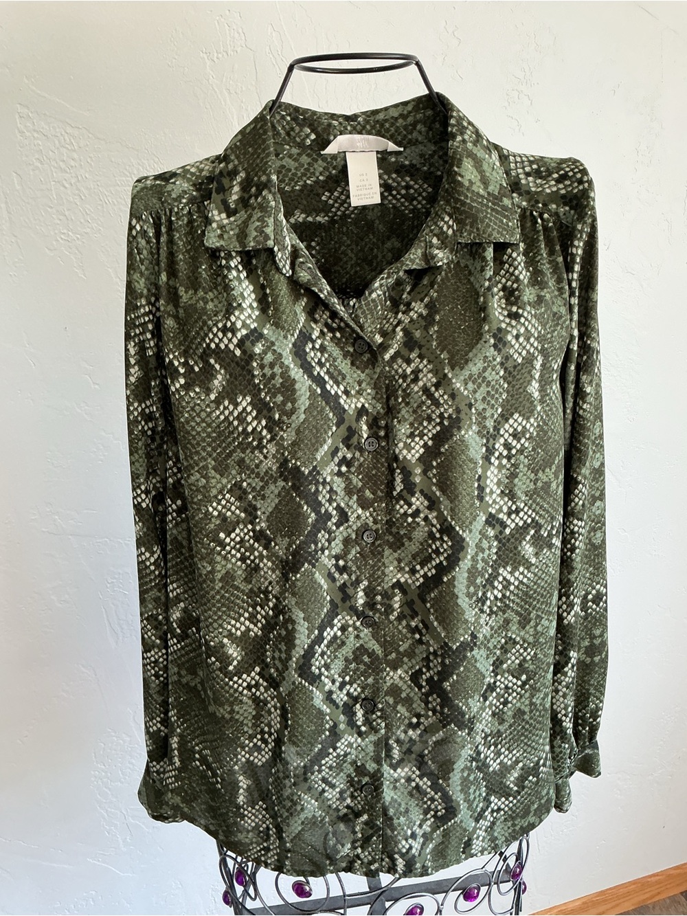 H&M Snake Print Button-Up Blouse - Green